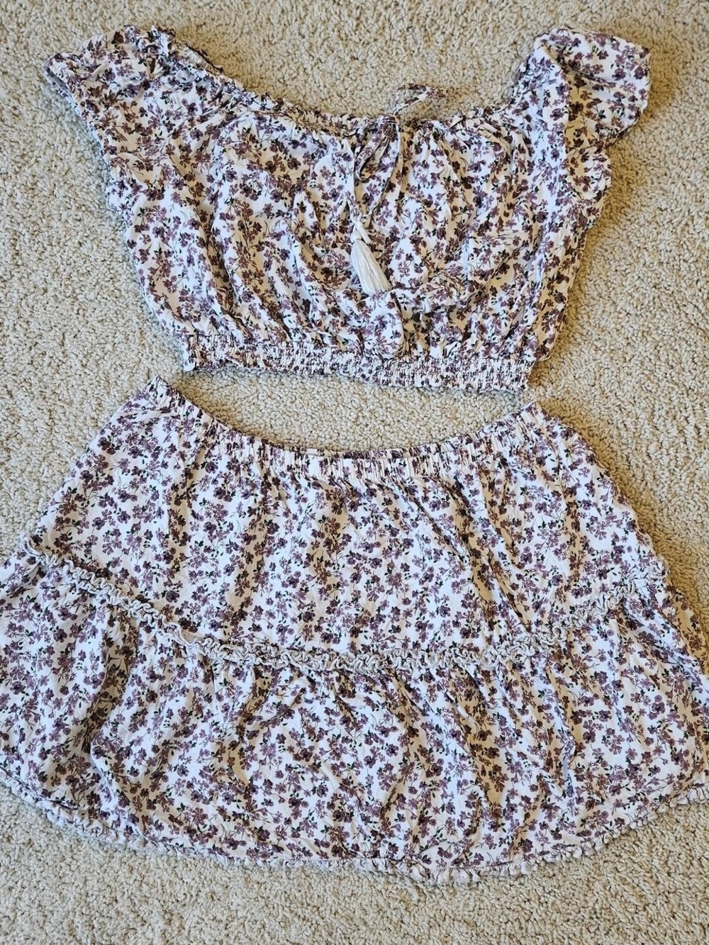 Crop Top And Skirt Set with Mauve Blossom Print